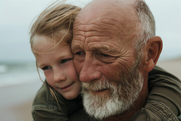 AI. Senior man and granddaughter enjoying beach