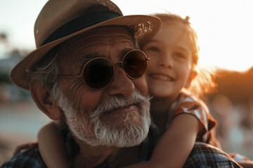 AI. Senior man and granddaughter enjoying beach