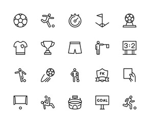Football related vector linear icons set. Contains such icons as soccer, player, ball, gate, judge, card, scoreboard, uniform, shirt, shorts, cup, trophy, timer, stopwatch stadium and more.