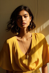 Stylish beauty with flawless makeup and modern hairstyle near window light