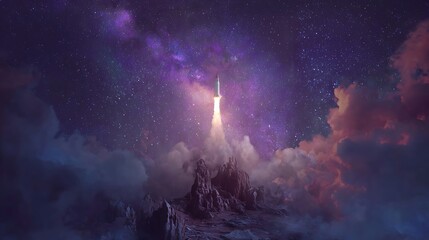 Obraz premium Rocket ascends from cliffside pad into a magical galaxy