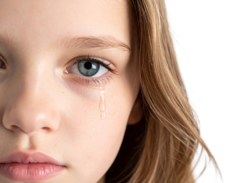 Portrait of Young Girl with Blue Eyes and Flowing Hair, Single Tear on Cheek, Neutral Background - Powered by Adobe