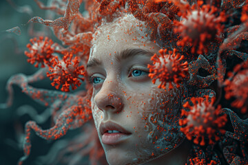 AI. Human head made of viruses