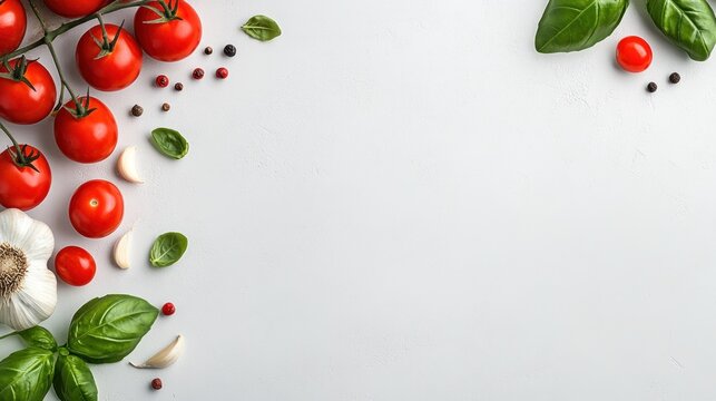 Fresh tomatoes garlic and basil on white background