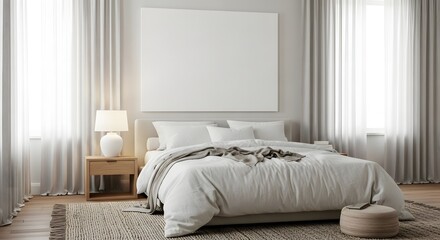 Serene bedroom interior featuring a blank canvas wall art mockup space