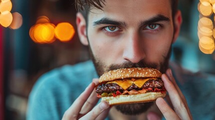 A man eating a cheeseburger in a restaurant.