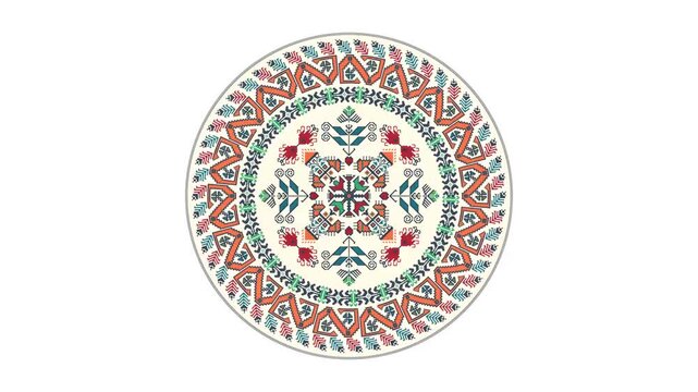 Bulgarian embroidery design element rotating in loop over white background