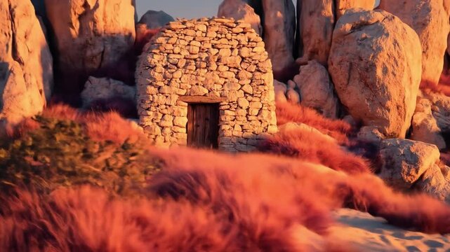 Stone hut in desert landscape