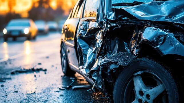 Damaged car after traffic accident at dusk on a wet road