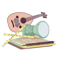 Illustrated collection of traditional Arabic musical instruments: Oud, Darbuka, Qanun, and Ney flutes.