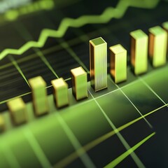 Golden 3D Bar Chart With Green Grid And Line Graph image photo