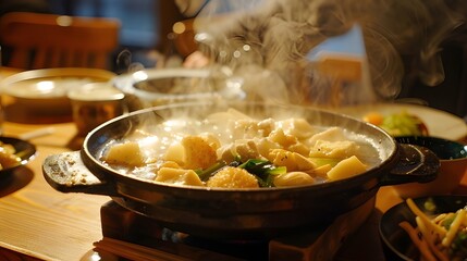 Japanese Oden Hot Pot with Steam at Cozy Cafe – Rustic Wooden Table and Warm Lighting