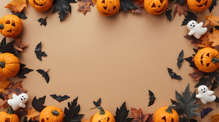 Festive Halloween frame background with pumpkins, ghosts, and bats
