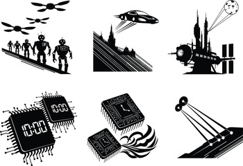 Futuristic tech icon set, robots, drones, flying car, space station, microchips, moon landing, vector innovation and exploration concept design