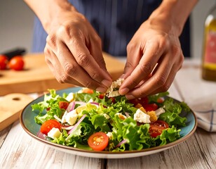 Hands arranging salad ingredients on a plate