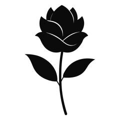 Silhouette of a blooming rose with leaves, stem, and an allblack color scheme on a transparent background
