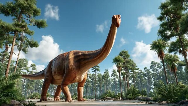 Ancient Giant: An awe-inspiring depiction of a Brachiosaurus in its natural habitat, standing tall amidst lush greenery, epitomizing the grandeur of prehistoric life against a bright sky.