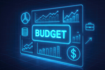 Futuristic Digital Dashboard with Budget Data, Graphs, and Financial Icons in Neon Blue finance business