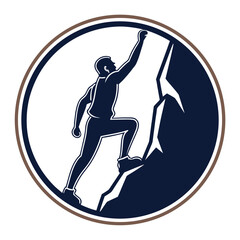 Silhouette of climber ascending jagged mountain inside circular frame shows resilience and progress