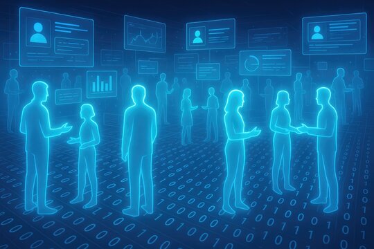 Futuristic digital scene with glowing blue human silhouettes interacting amidst binary code and data screens