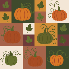Harvest Thanksgiving Bauhaus Seamless Pattern with Pumpkins, Autumn Leaves and Geometric Blocks