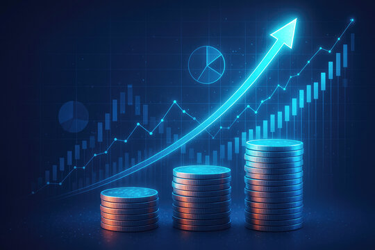 Glowing blue arrow and line graph rising over stacks of coins and stock market charts finance growth