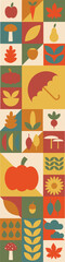 Autumn Bauhaus Vertical Banner with Geometric Seasonal Icons, Leaves and Pumpkins