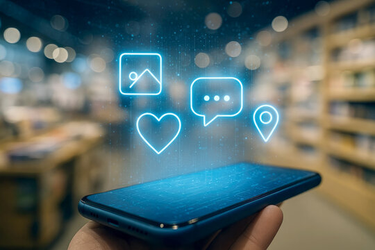 Hand holding smartphone with glowing social media icons floating above mobile phone cell phone