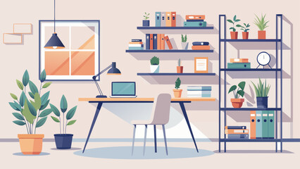 Chic minimalist study with white walls, floating bookshelf, metal-frame desk, and a small indoor plant, blending simplicity and functionality for productive work.