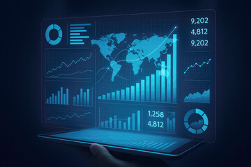 Hand holding tablet displaying holographic world map and financial data charts image photo