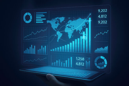 Hand holding tablet displaying holographic world map and financial data charts image photo
