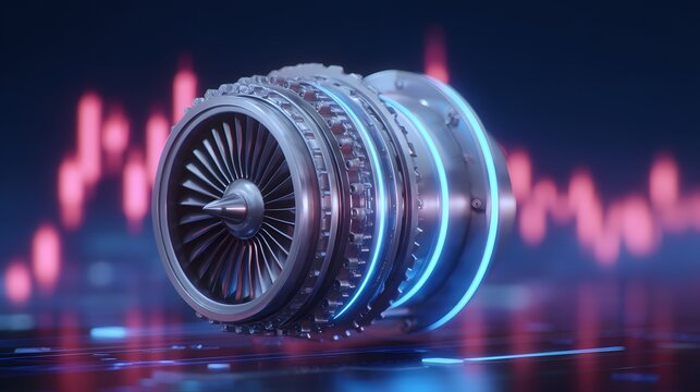 Jet engine with glowing financial charts background. Aviation industry, aerospace, global economics, and market growth analysis.