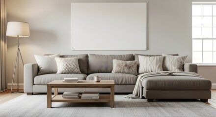 Neutral toned living room showcases a blank canvas for artistic expression