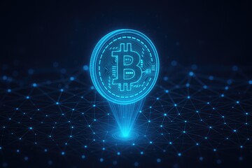 Holographic Bitcoin symbol glowing blue over a dark digital network grid cryptocurrency digital currency