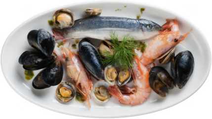 sea fish, mussels, and shrimp on a white plate, png