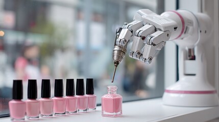 Robotic arm poised above nail polish bottle on a windowsill