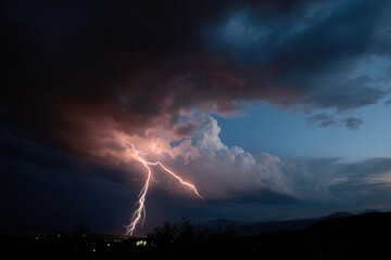 Dramatic lightning strike illuminates night sky, showcasing stunning display of nature power. Dark clouds swirl above, creating captivating contrast against vibrant light