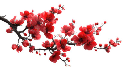 High quality photo of vibrant red cherry blossom branch isolated on transparent background.
