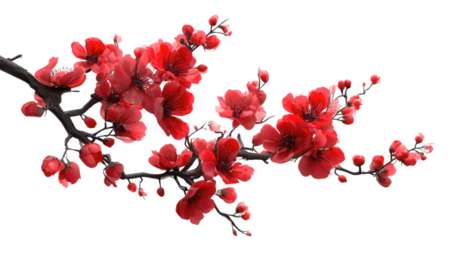 High quality photo of vibrant red cherry blossom branch isolated on transparent background.