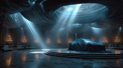 Luxury car hidden under satin cover in elegant hall with dramatic lighting and chandeliers, prepared for a grand unveiling event on marble stage.
