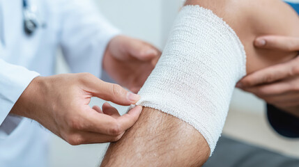 Doctor wrapping injured leg with bandage during medical treatment session.