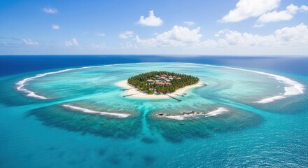 Island paradise, aerial view. Turquoise water surrounds a small island with buildings