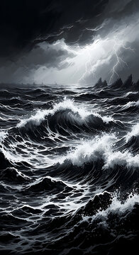 Dramatic seascape depicting a stormy ocean with towering waves, dark, ominous clouds, and a distant lightning strike illuminating the turbulent waters, conveying a sense of power, chaos, and the raw f