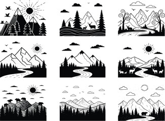Mountain landscape icon set, forest, river, deer, bear, sun, clouds, trees, nature silhouettes, vector outdoor scenery concept design