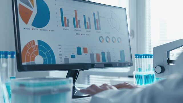 In a bright lab with test tubes and scientific equipment, a dedicated researcher analyzes data on a computer screen, showcasing colorful charts and graphs of their findings in biotechnology
