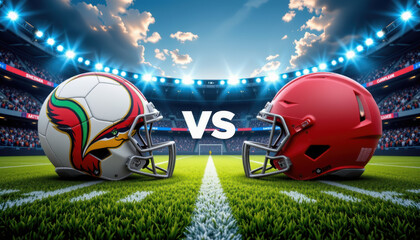 Epic sports competition football vs. Soccer showdown stadium arena high-intensity match daytime exciting rivalry