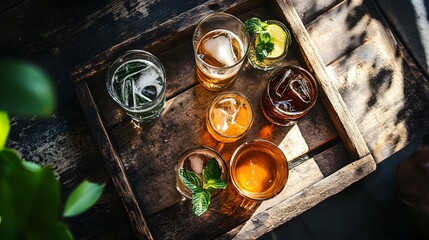 Assortment of Refreshing Drinks on Wooden Tray, Ideal for Summer Gatherings and Parties