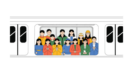 Cartoon Style: Commuters Crowded on Public Transportation Train, Subway Riders in Colorful Outfits. Passengers Standing in a Vehicle. Modern Lifestyle, Urban Mobility.