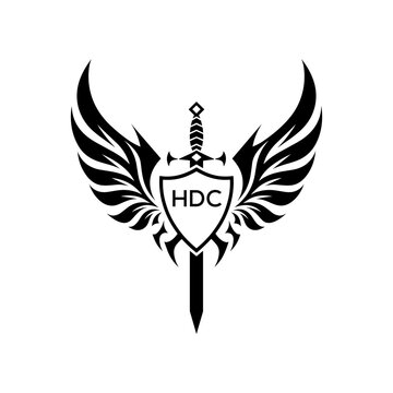 HDC "Modern Knight Logo with CAA Monogram," HDC Later Logo,  "Fantasy Tattoo Style Shield Sword Wing Design," "Elegant Security Company Winged Logo."
