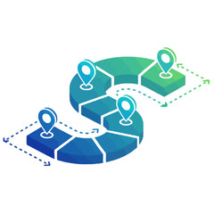 Roadmap.ai Vector Icon: Isometric Timeline with Location Pins Showing Progress, Strategy, and Artificial Intelligence Development